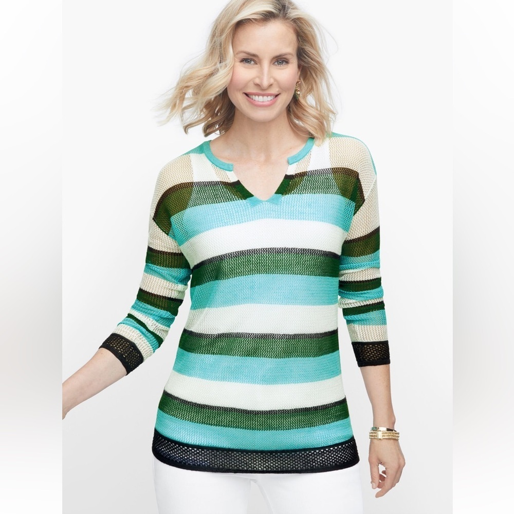 NWOT Talbots Split Neck Green/White Linen Mesh Stripe Sweater Size Medium Petite